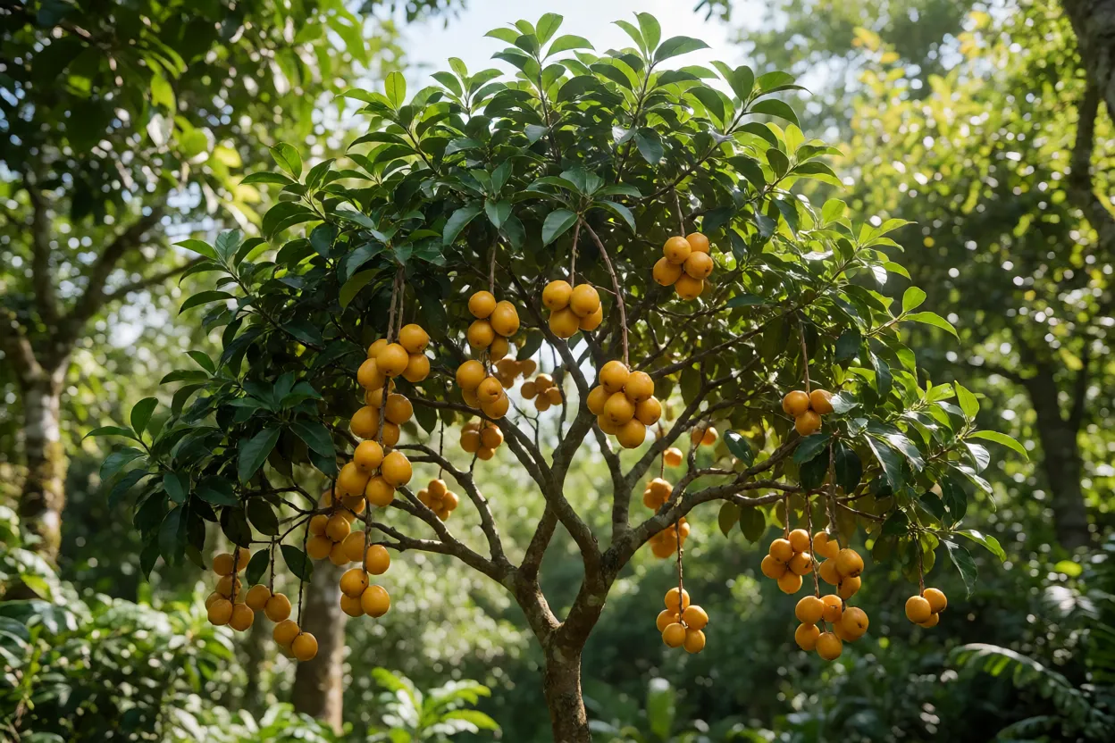Árvore de sete-capotes carregada de frutos amarelo-alaranjados