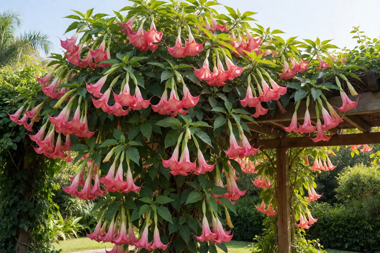 Sete-léguas adulta cobrindo pérgola com flores rosa em forma de trombeta