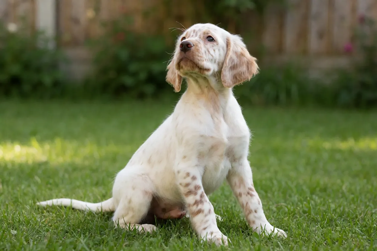 Filhote de Setter Inglês brincando na grama