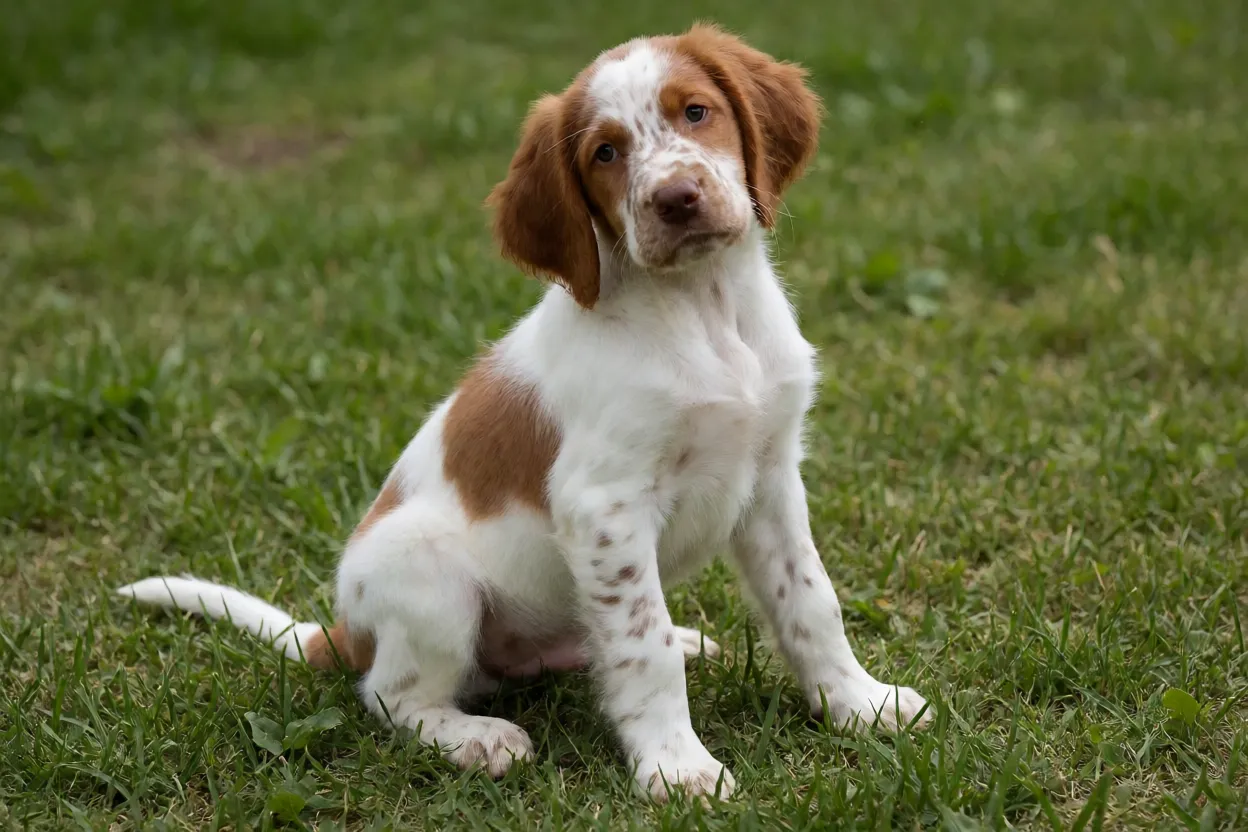 Filhote de Setter Irlandês Vermelho e Branco sentado na grama