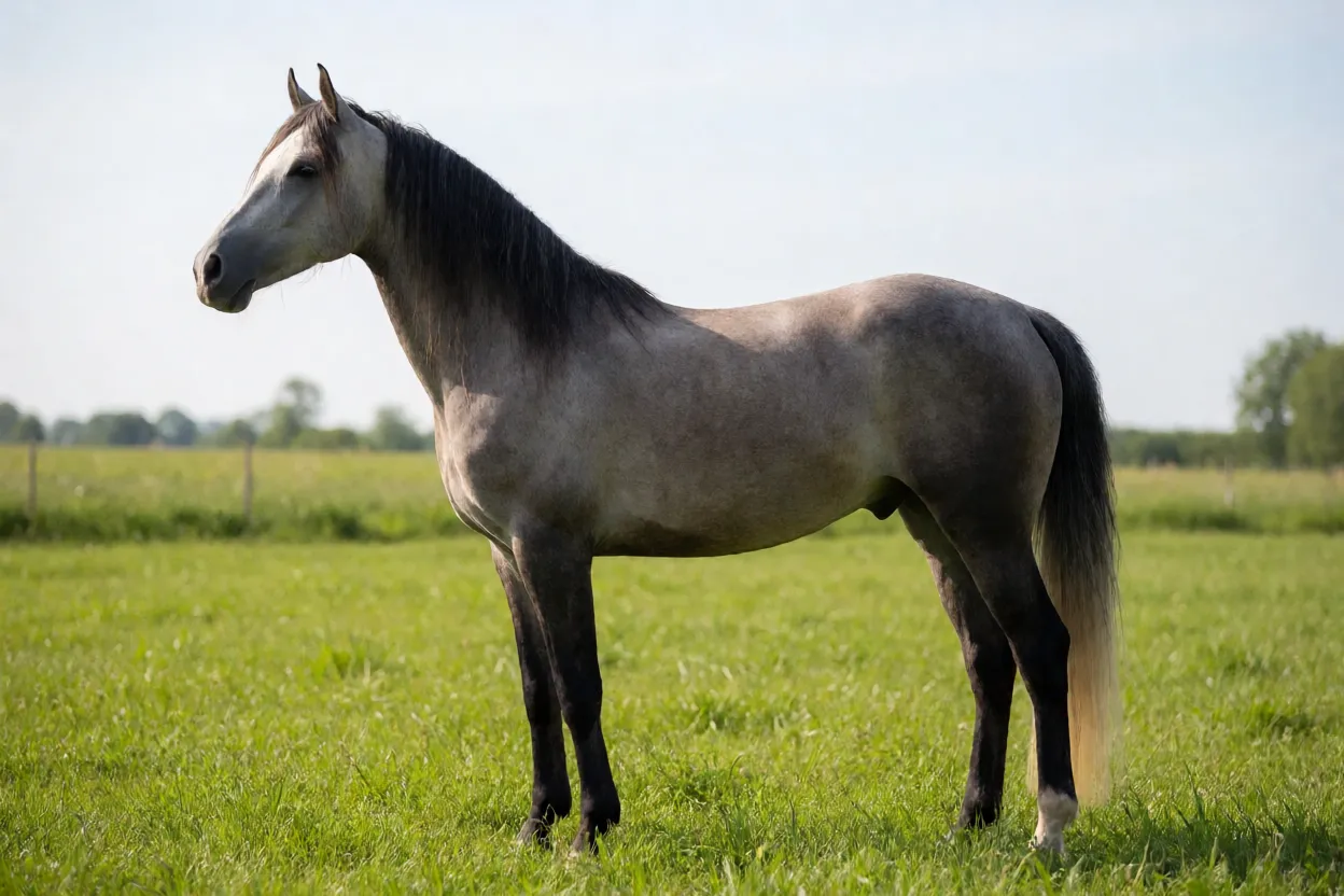Cavalo Shagya Árabe adulto tordilho em pé de perfil no pasto
