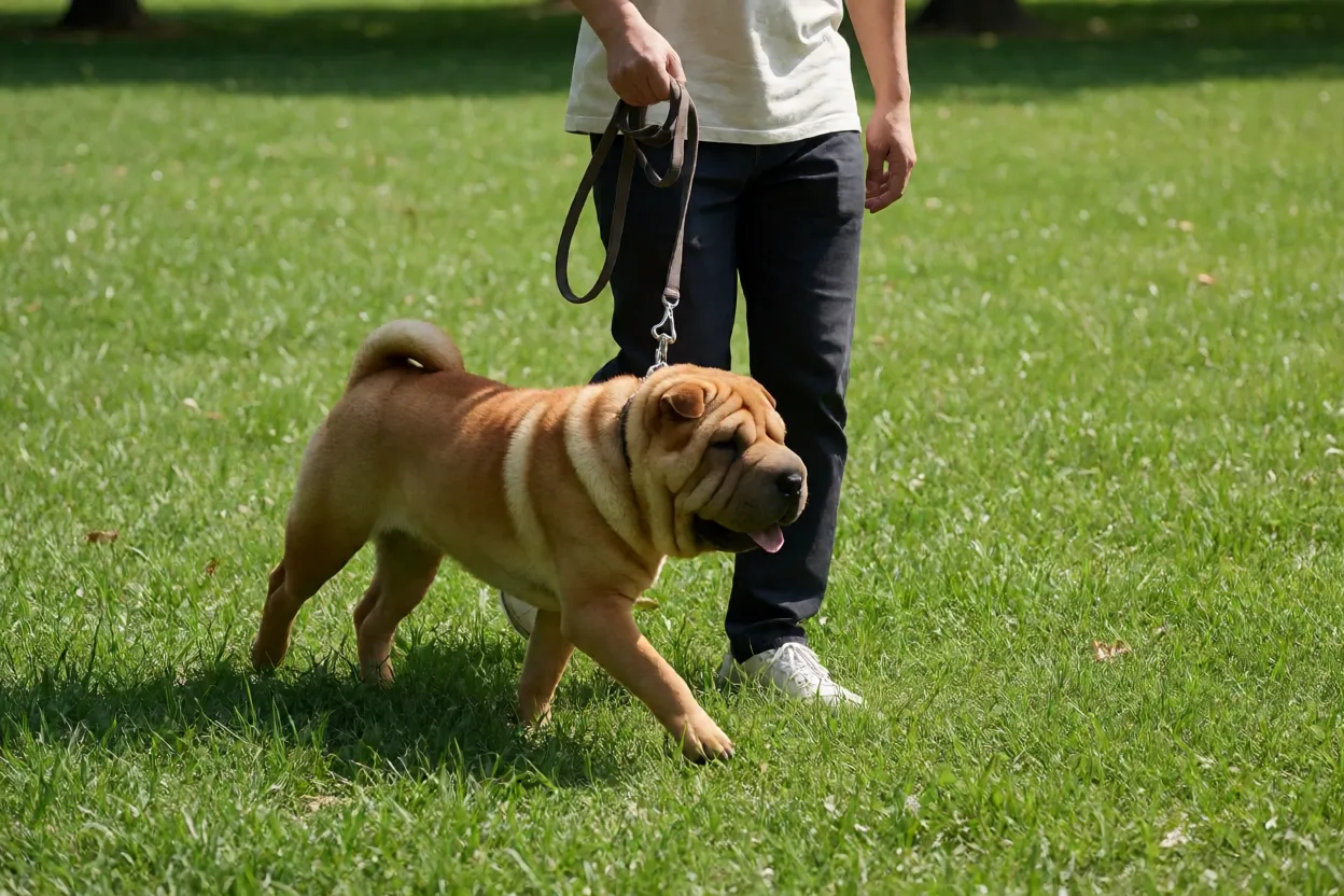 Shar Pei passeando de guia em parque gramado