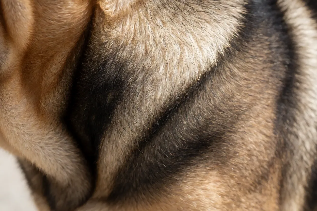 Detalhe da textura áspera da pelagem do Shar Pei em cores fulvo e preto