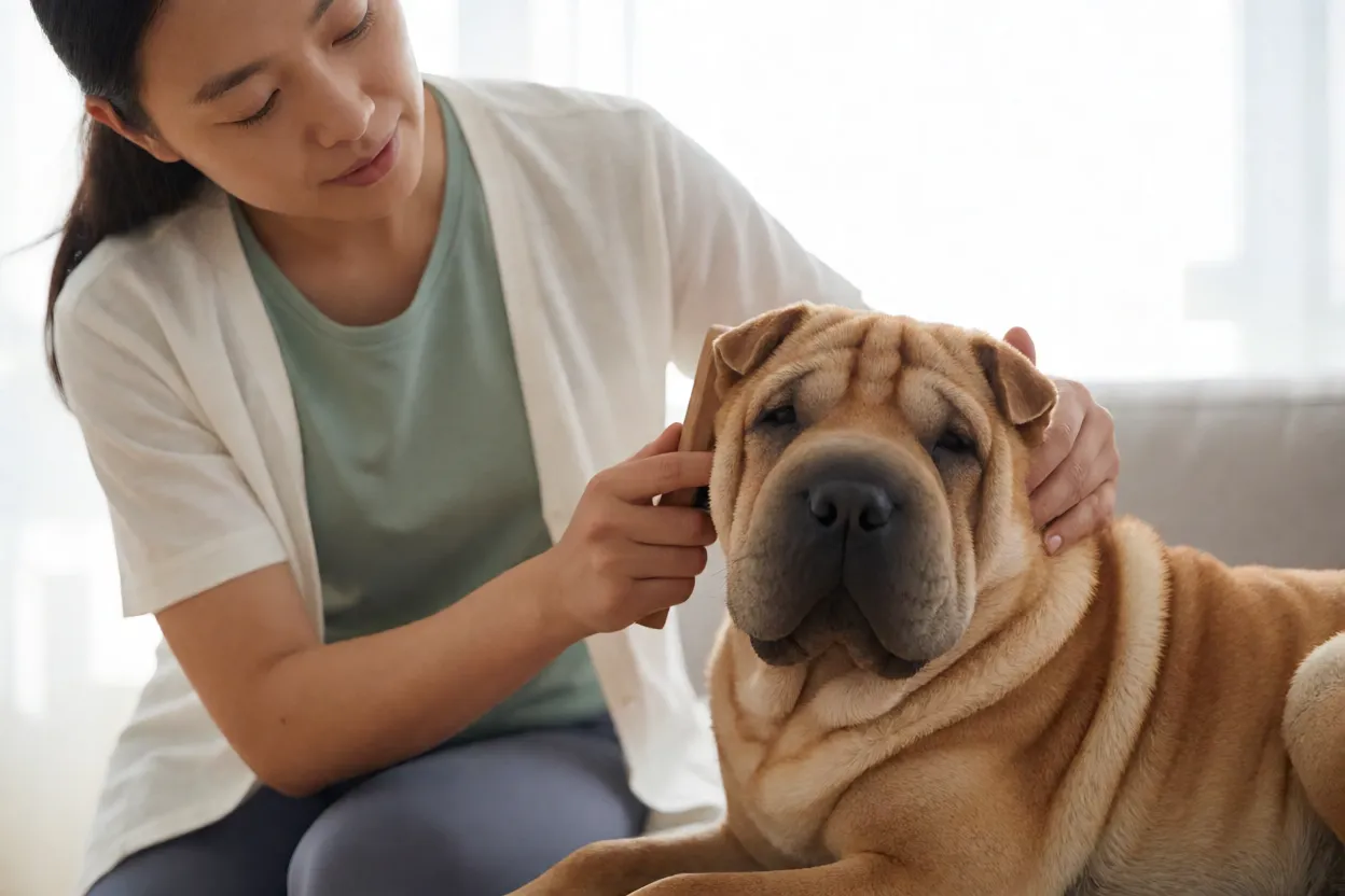 Shar Pei: rugas, personalidade e tudo o que você precisa saber Shar Pei sendo escovado com cuidado