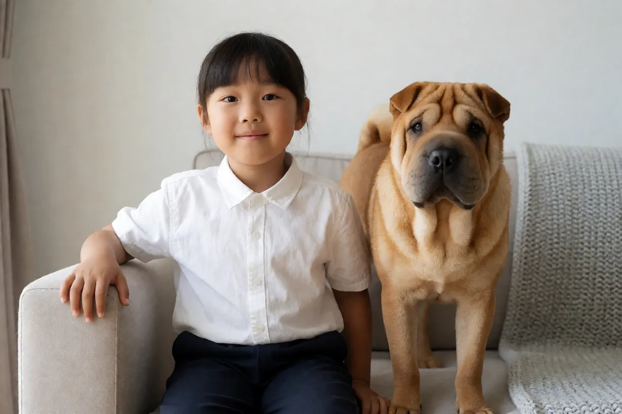 Shar Pei: rugas, personalidade e tudo o que você precisa saber Shar Pei tranquilo perto de criança sob supervisão