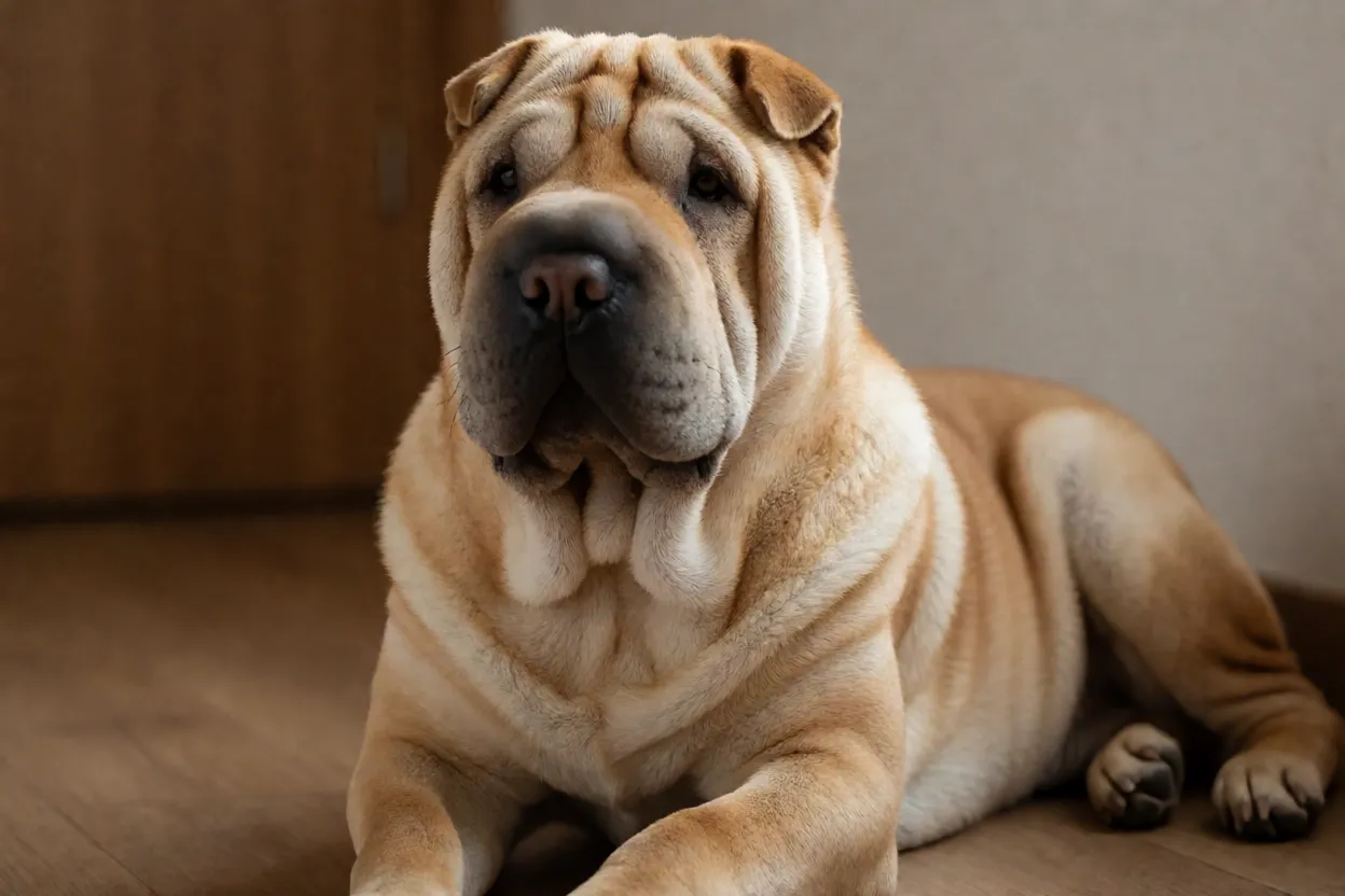 Shar Pei: rugas, personalidade e tudo o que você precisa saber Shar Pei adulto em ambiente doméstico calmo