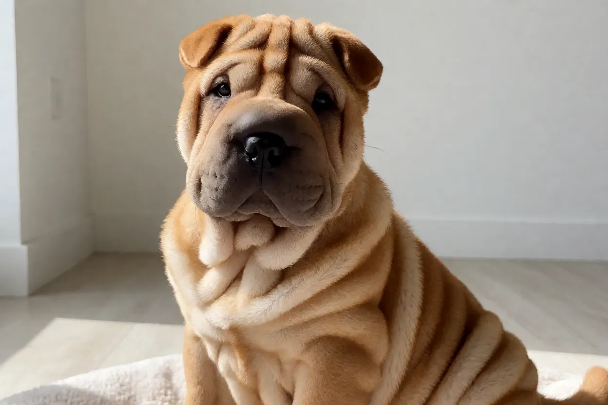 Shar Pei: rugas, personalidade e tudo o que você precisa saber Filhote de Shar Pei com excesso de rugas na cabeça e corpo