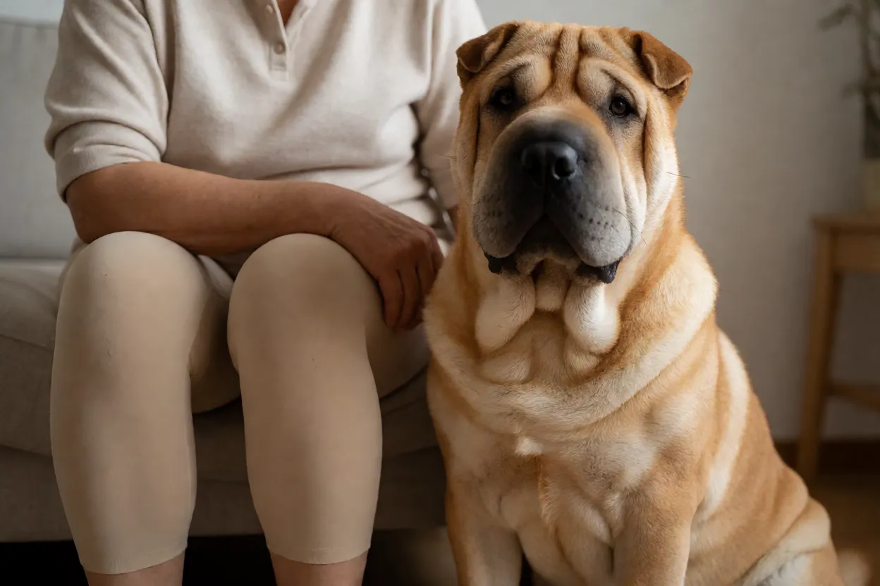 Shar Pei: rugas, personalidade e tudo o que você precisa saber Shar Pei adulto calmo ao lado de sua família