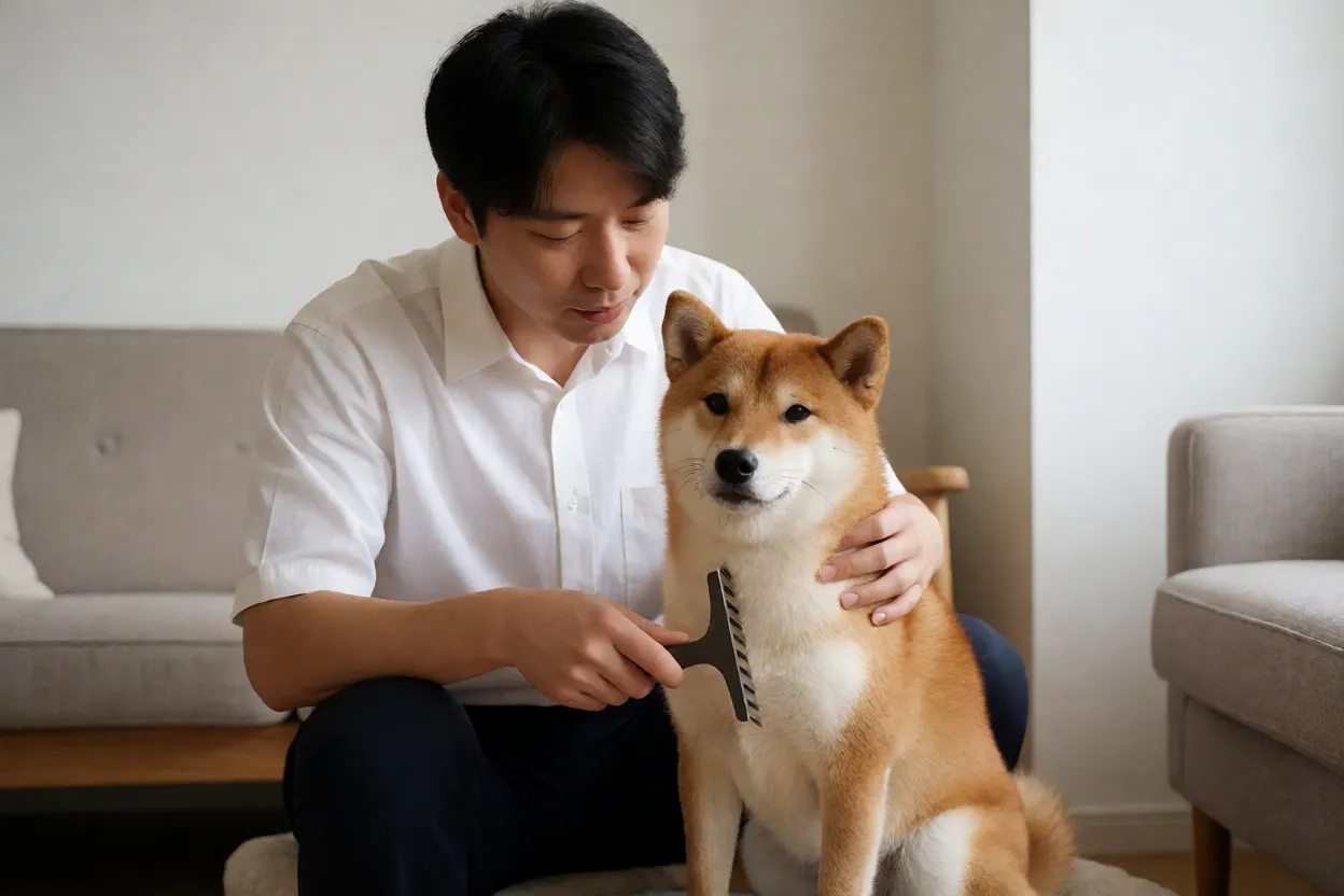 Shiba Inu: personalidade, pelagem e tudo sobre a raça Shiba Inu sendo escovado durante a troca de pelo sazonal