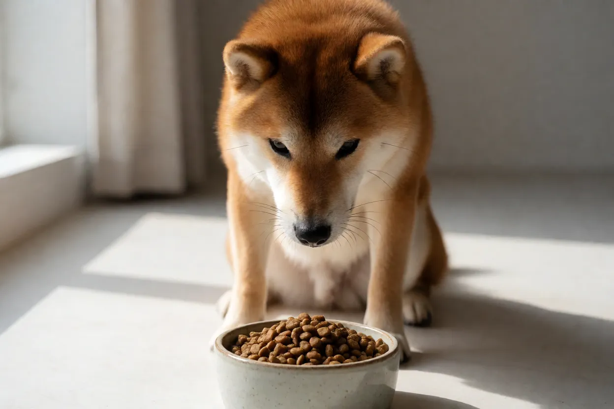 Shiba Inu: personalidade, pelagem e tudo sobre a raça Shiba Inu adulto comendo ração de qualidade em tigela