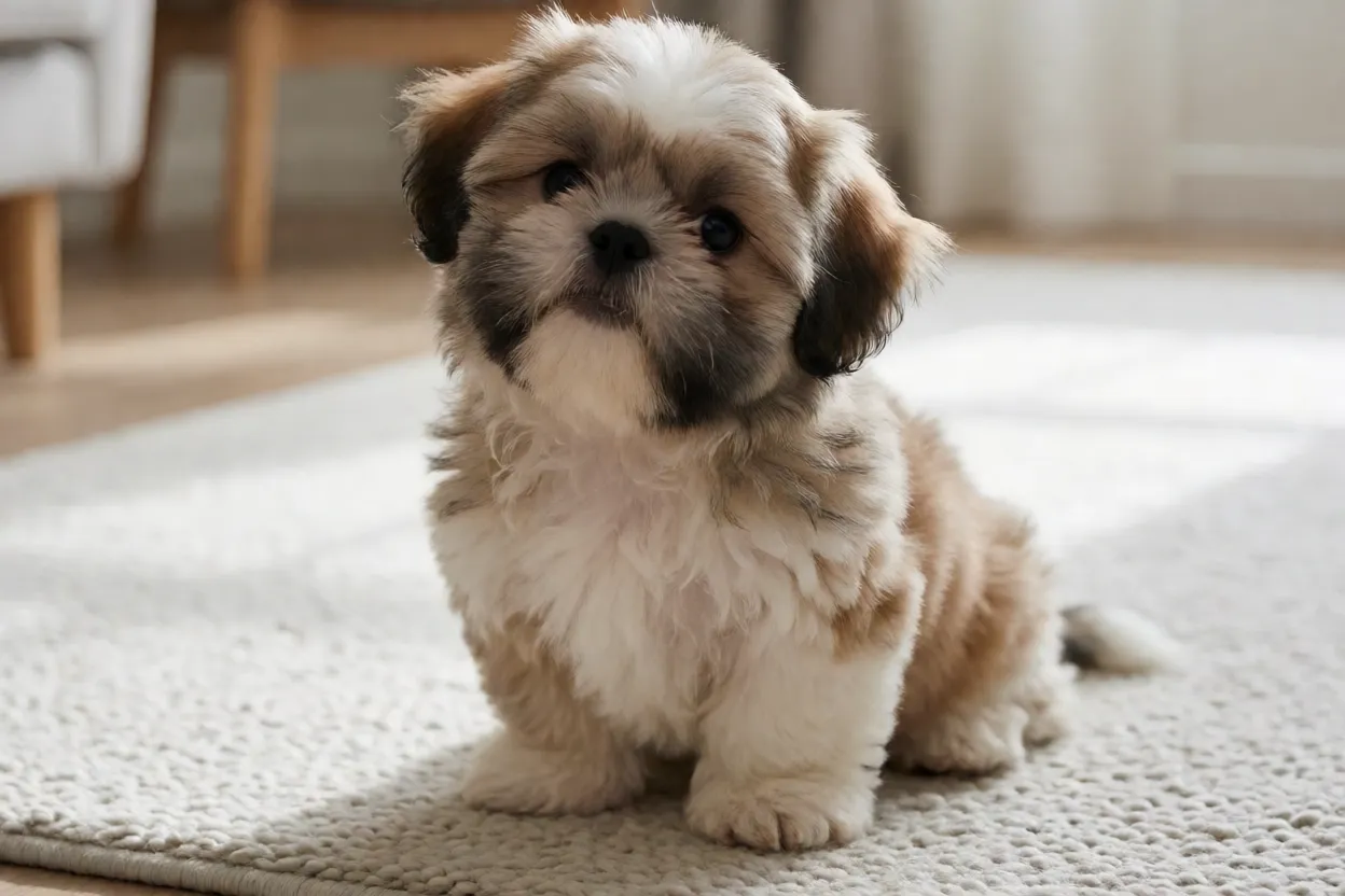 Filhote de Shih Tzu fofo sentado em tapete claro dentro de casa