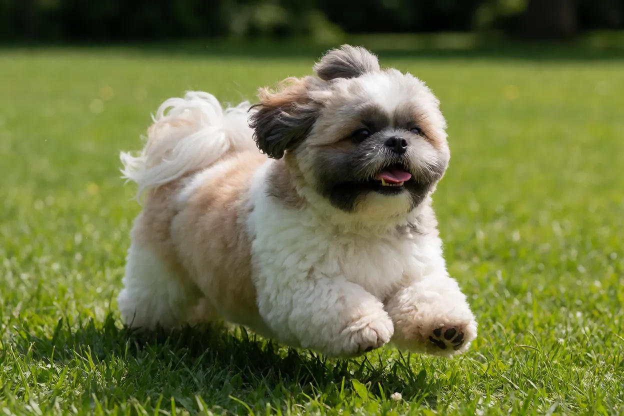Shih Tzu correndo e brincando no parque
