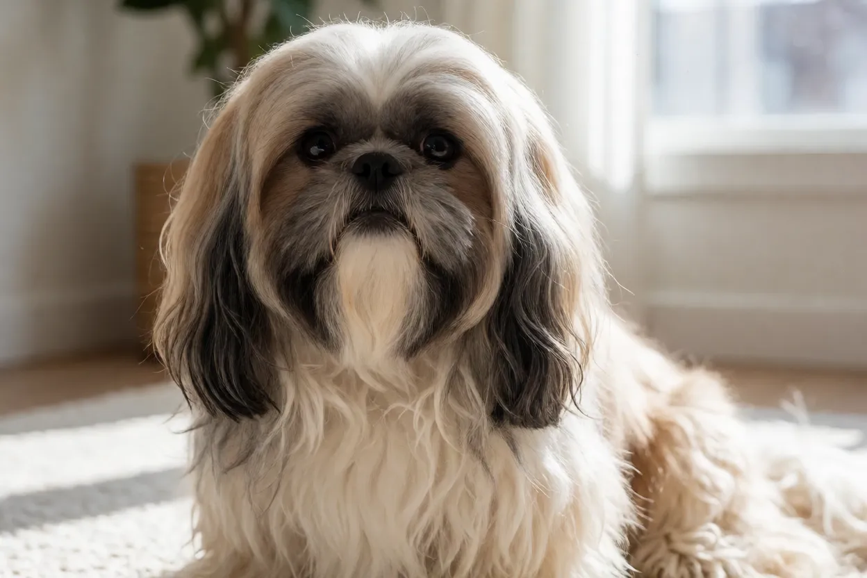 Shih Tzu adulto com pelagem longa e bem cuidada em ambiente interno iluminado