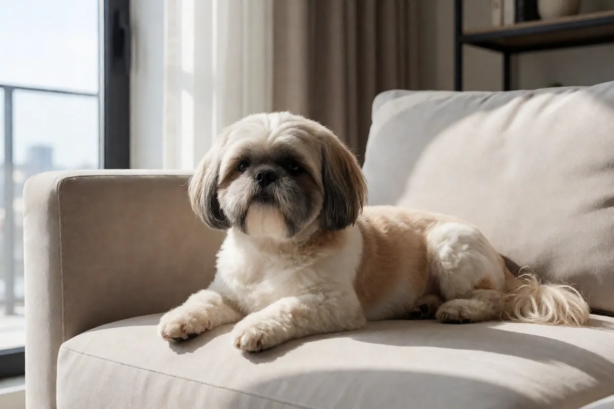 Shih Tzu confortável em sofá de apartamento moderno