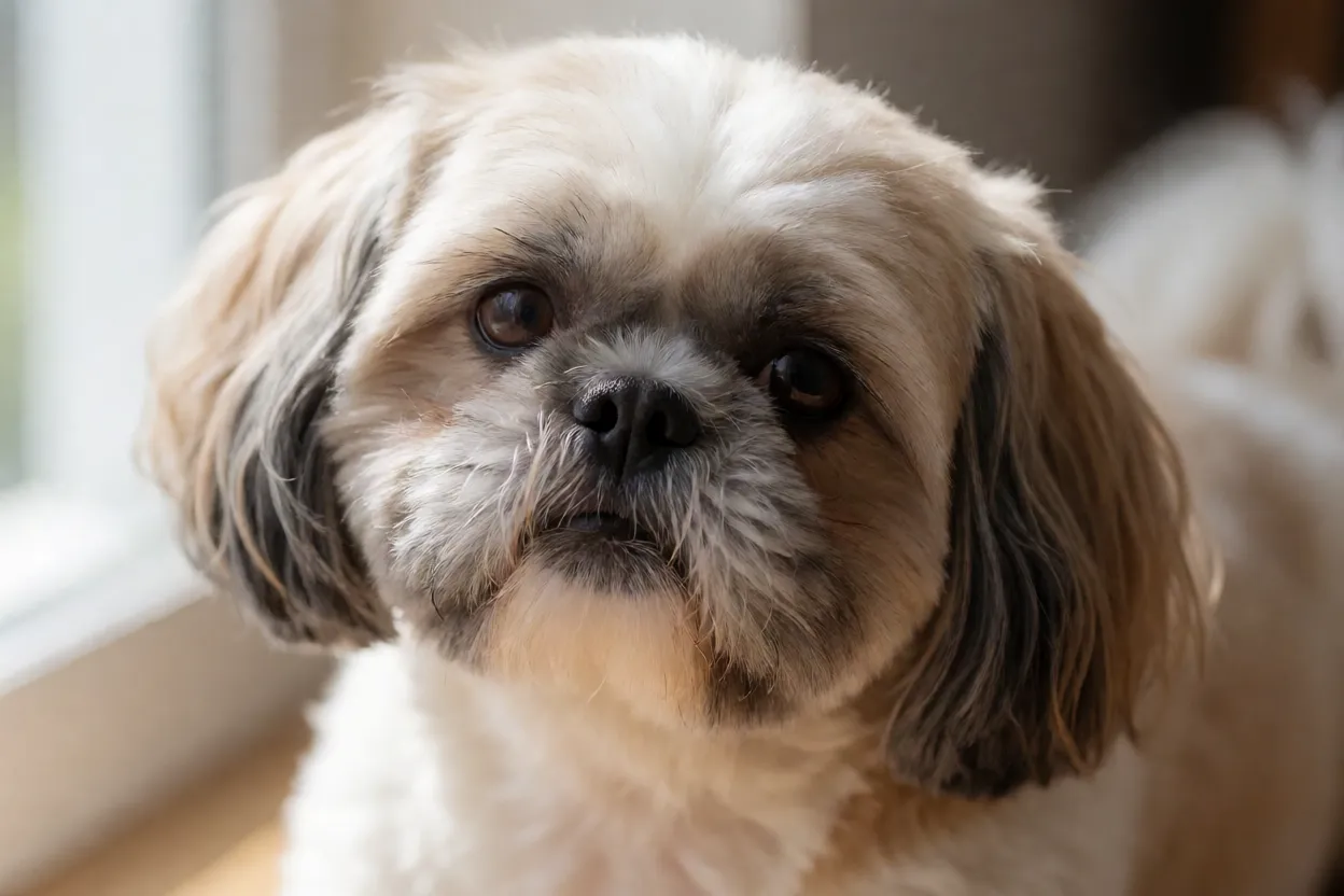 Shih Tzu adulto olhando para a câmera com expressão afetiva