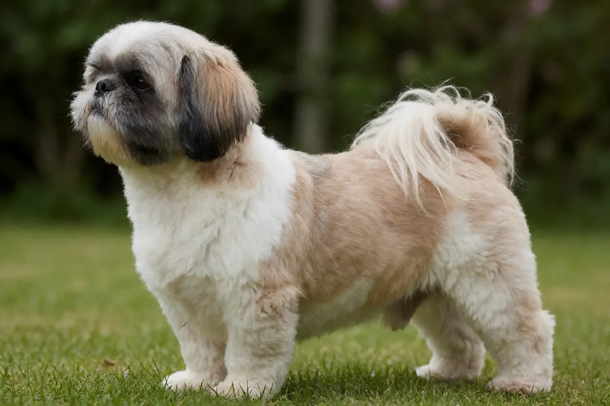 Shih Tzu adulto em perfil mostrando proporções do corpo compacto