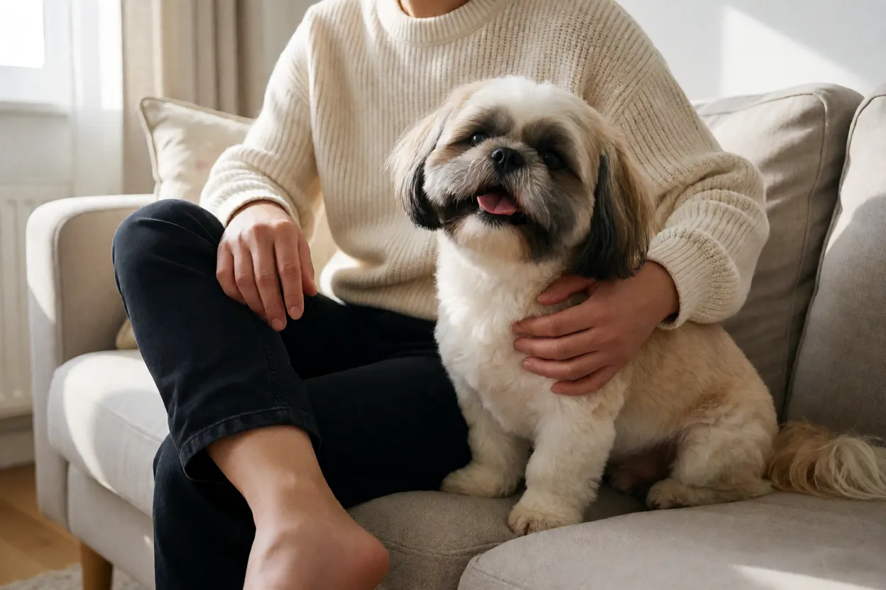 Shih Tzu brincando e interagindo com pessoa em ambiente caseiro