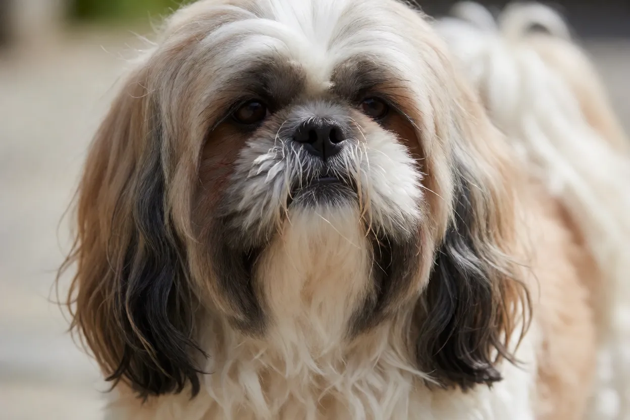 Detalhe da pelagem longa e densa de um Shih Tzu bem cuidado