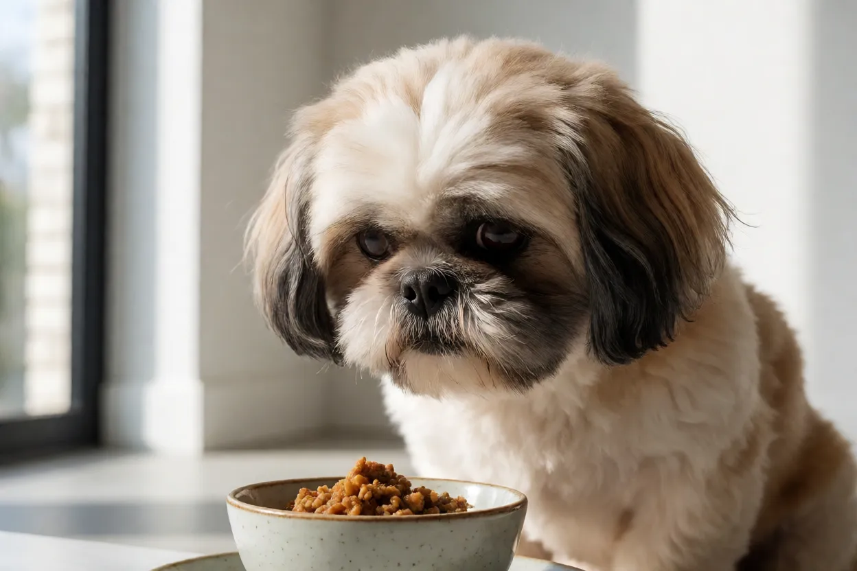 Shih Tzu adulto comendo ração em comedouro adequado