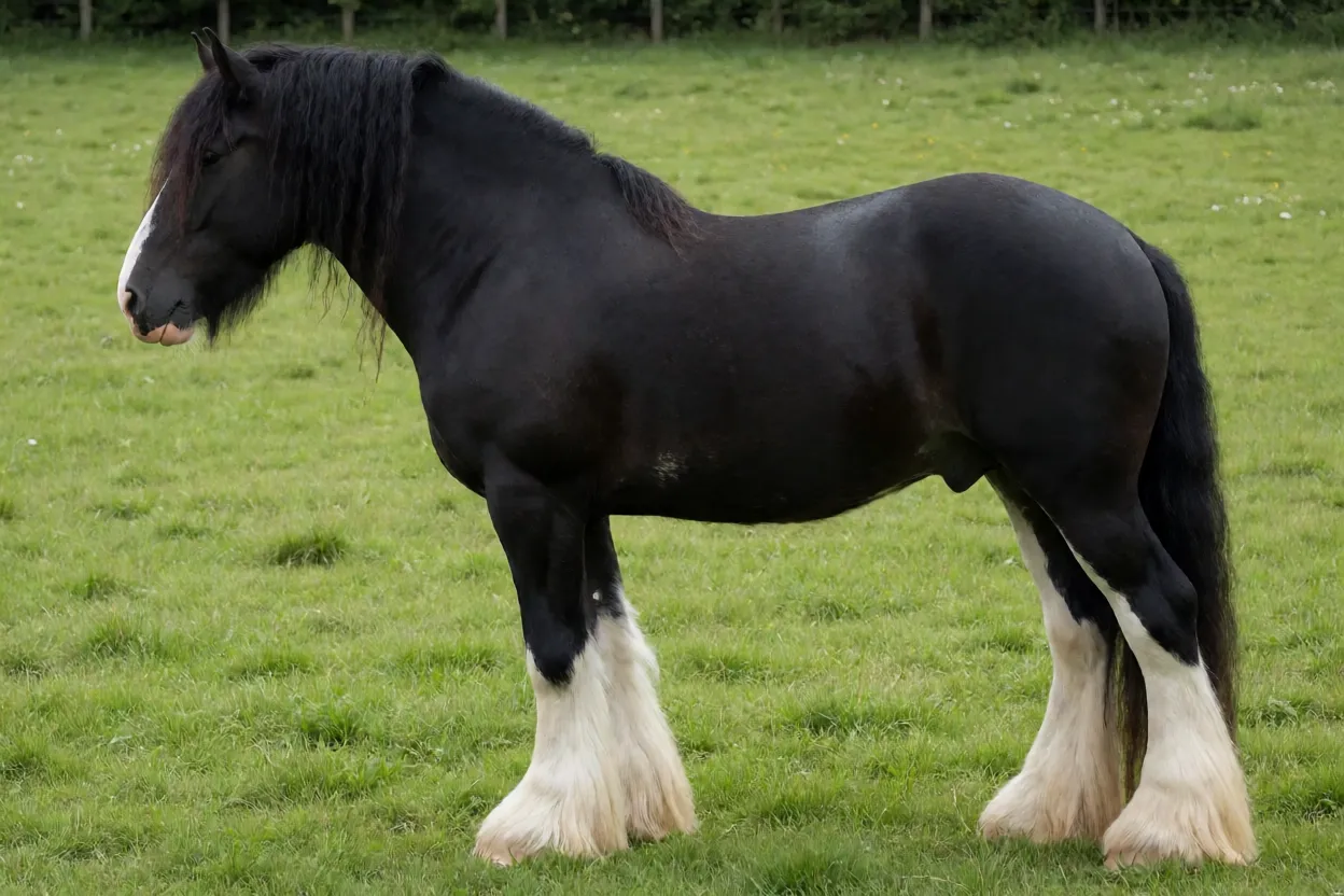 Cavalo Shire adulto preto de corpo inteiro em pasto visto de lado