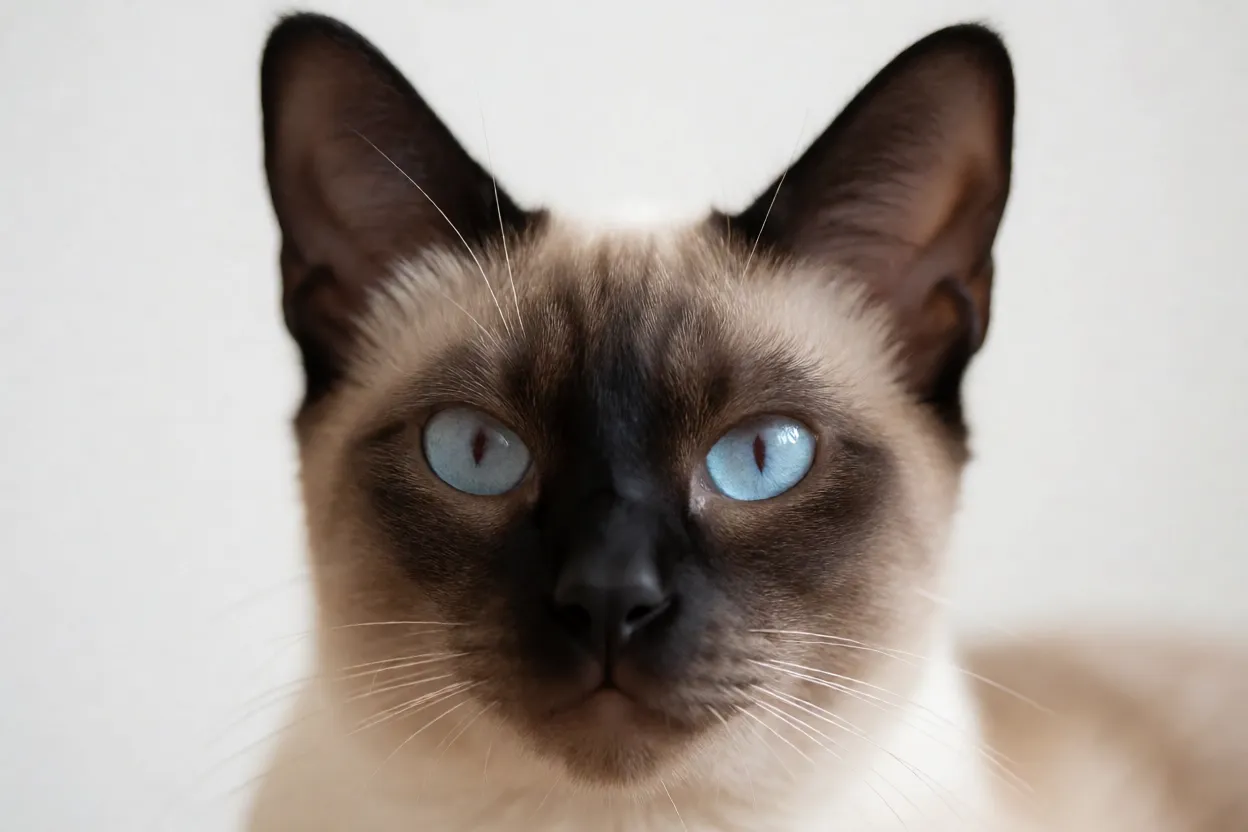 Retrato em close do rosto de um gato Siamês mostrando olhos azuis