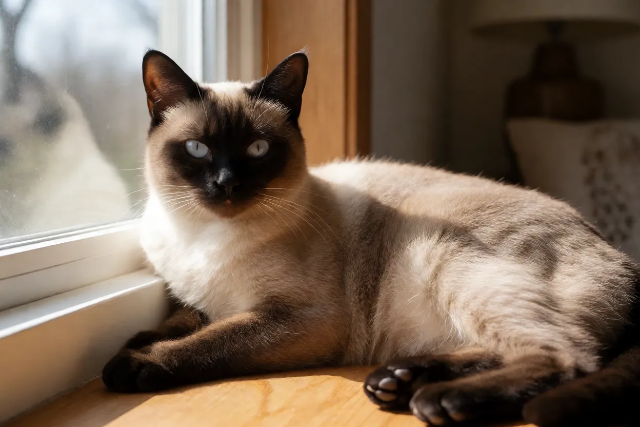 Gato Siamês descansando no parapeito da janela