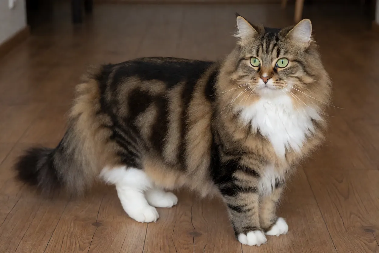Gato Siberiano adulto de corpo inteiro com pelagem marrom tabby e cauda peluda