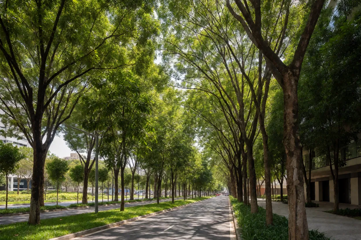 Avenida arborizada com sibipirunas formando túnel verde
