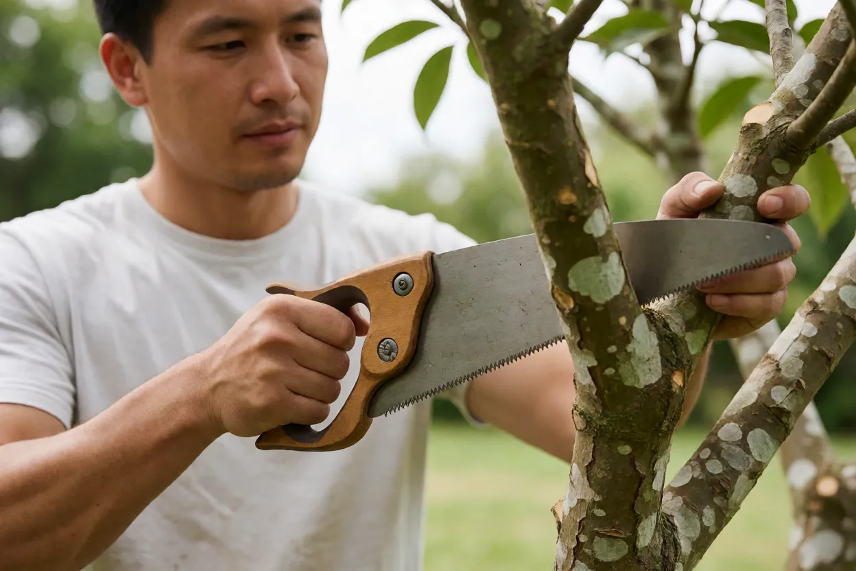 Arborista fazendo poda de limpeza em galho de sibipiruna com serra manual