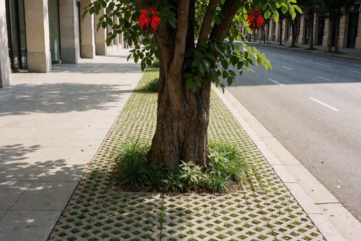 Cal&ccedil;ada larga com sibipiruna plantada em canteiro amplo e perme&aacute;vel