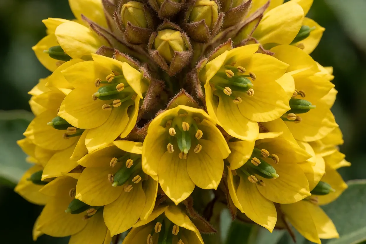 Cacho c&ocirc;nico de flores amarelas da sibipiruna em detalhe