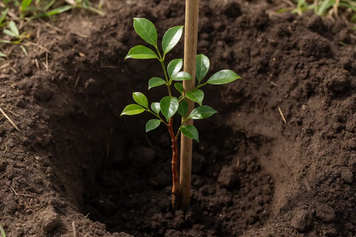 Muda de sibipiruna sendo plantada em cova aberta com tutor