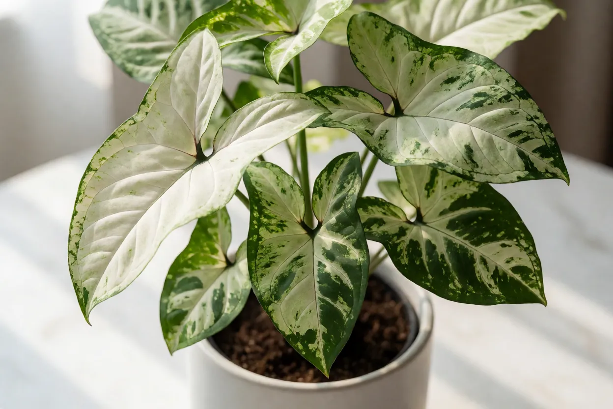 Singônio White Butterfly em vaso branco com folhas em forma de flecha variegadas