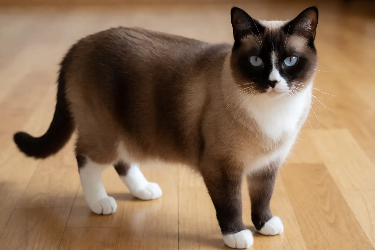 Gato Snowshoe adulto de corpo inteiro com patas brancas e olhos azuis