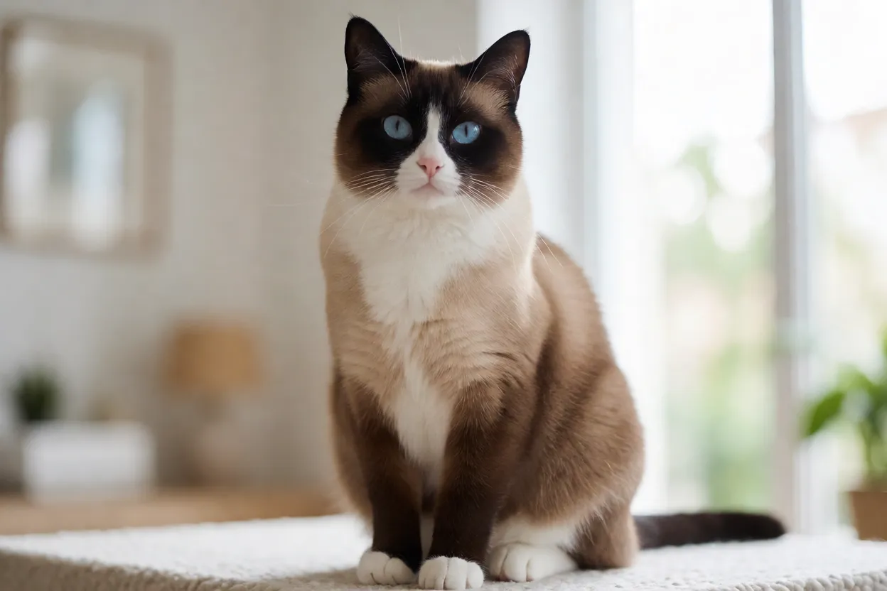 Gato Snowshoe adulto de olhos azuis e patas brancas em pose natural