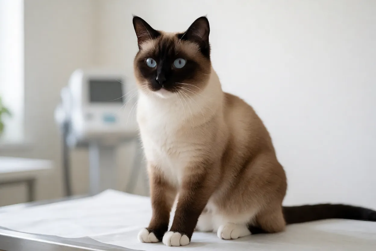 Gato Snowshoe em consulta veterin&aacute;ria tranquila