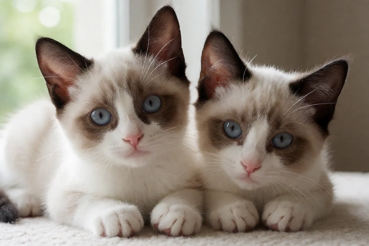 Hist&oacute;ria visual do gato Snowshoe com filhotes de patas brancas