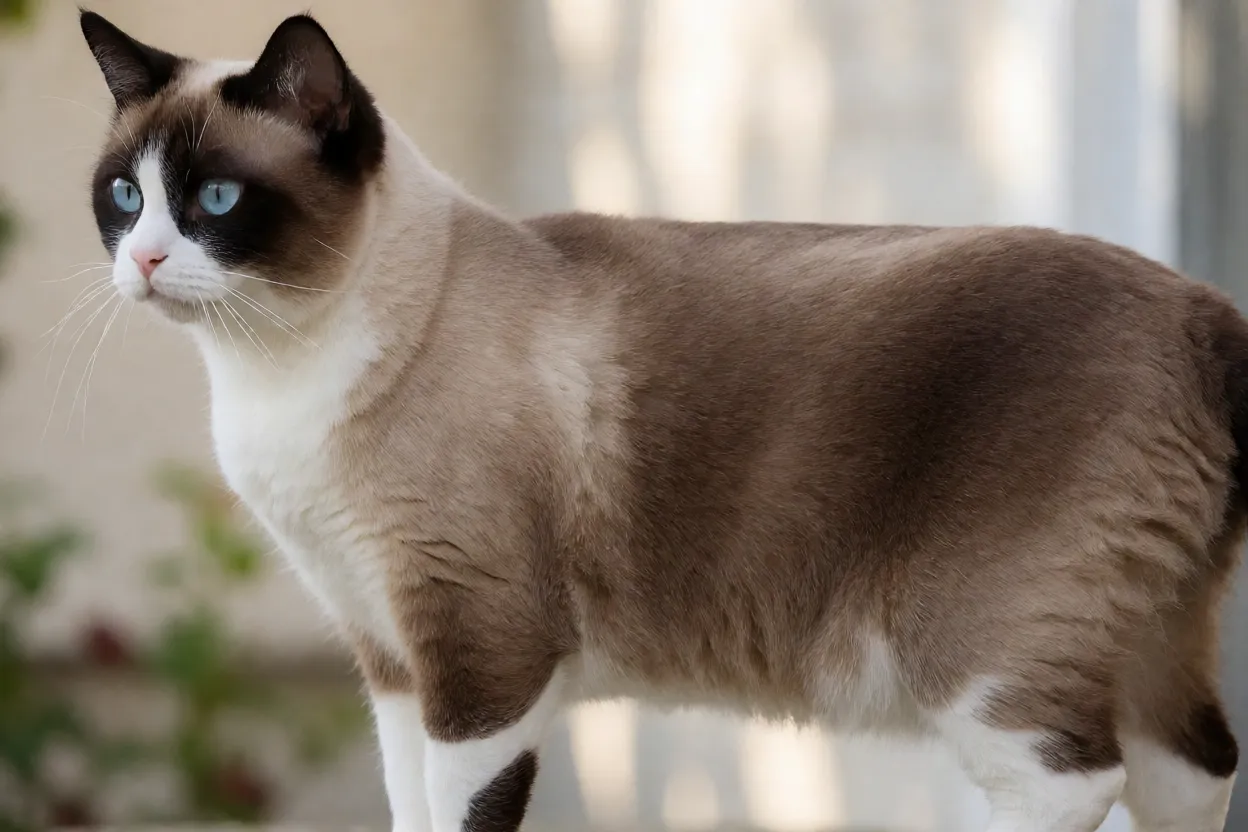 Gato Snowshoe de perfil mostrando corpo muscular e patas brancas