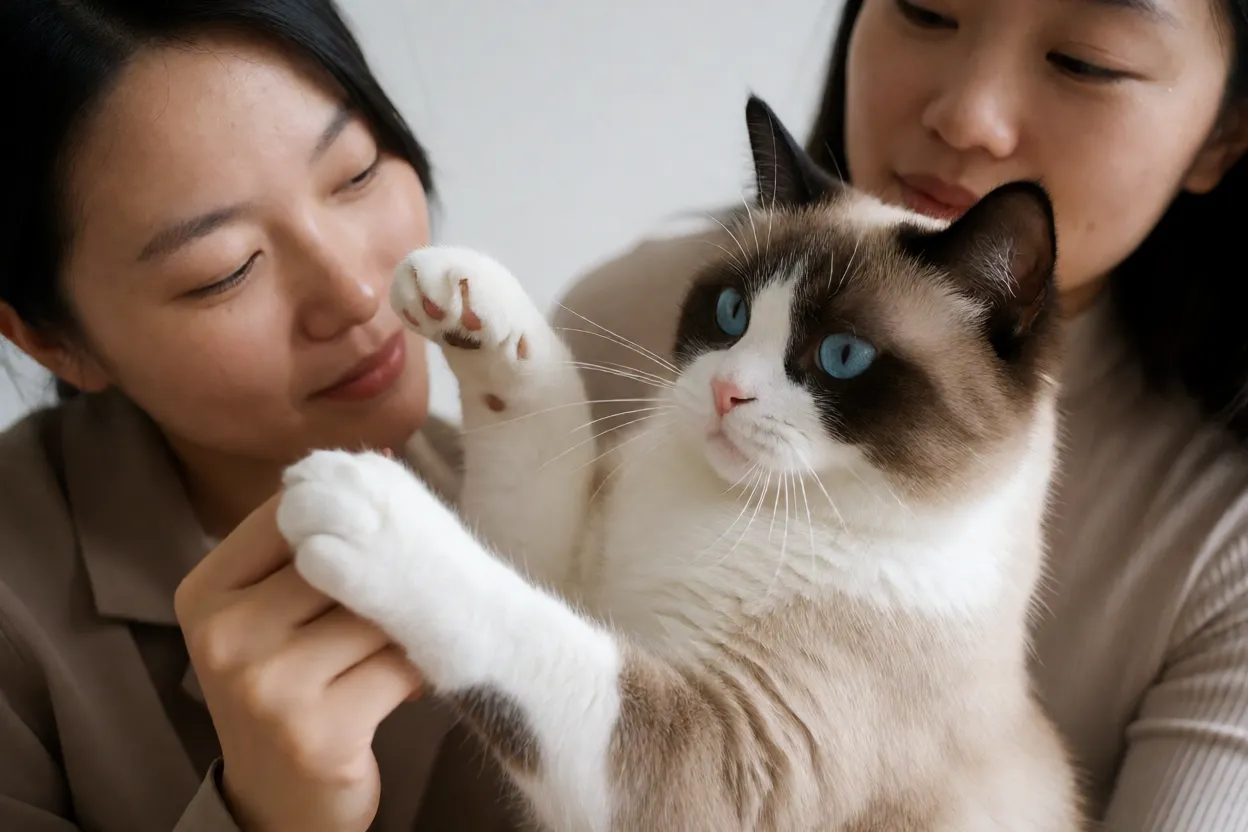 Gato Snowshoe brincando e interagindo com humano