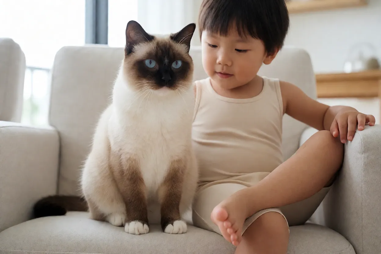 Gato Snowshoe tranquilo perto de crian&ccedil;a