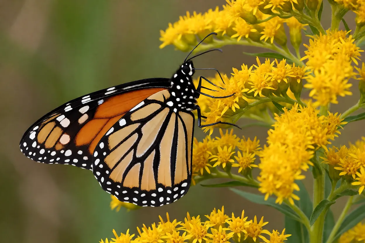 Borboleta visitando flores amarelas de Solidago