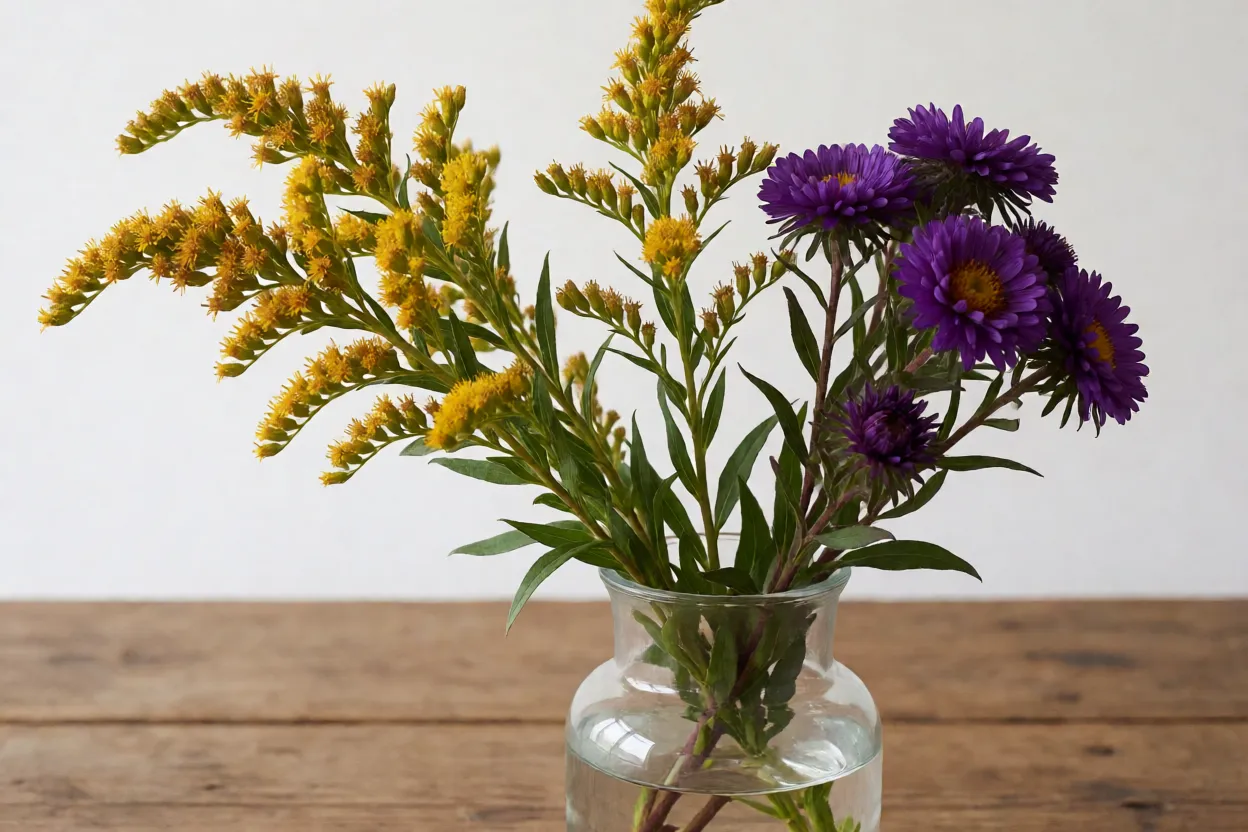 Arranjo com Solidago e &aacute;ster em vaso