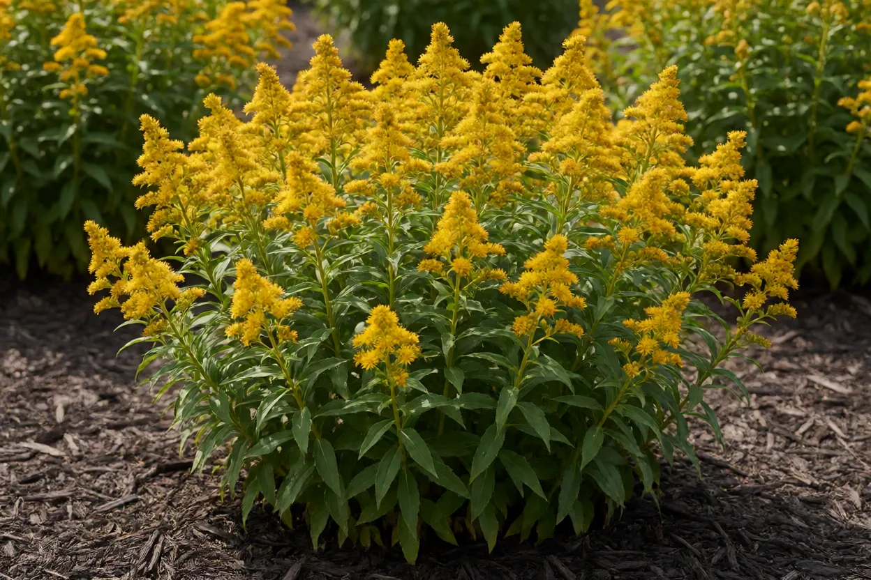 Solidago estabelecida com cobertura morta ao redor
