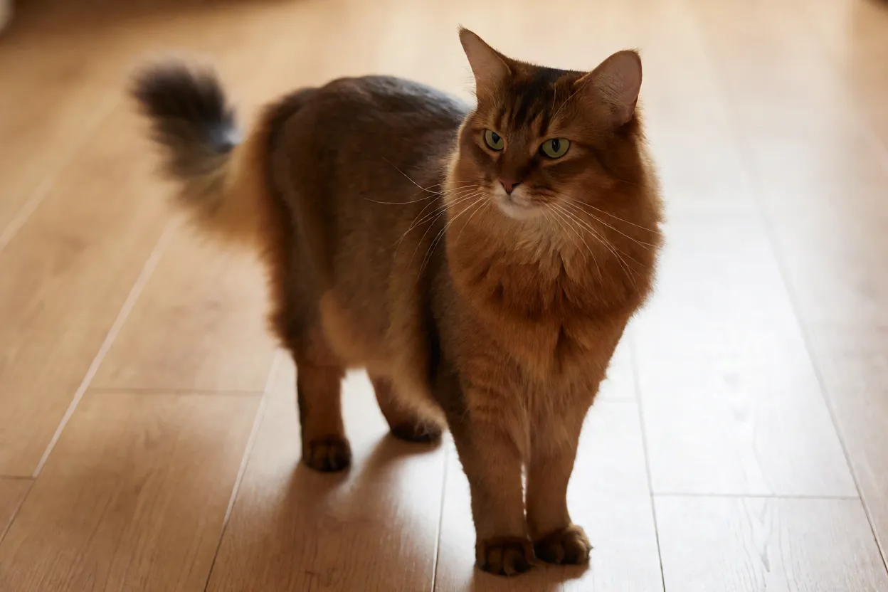 Somali Gato Somali adulto de corpo inteiro com pelagem ruddy e cauda de raposa