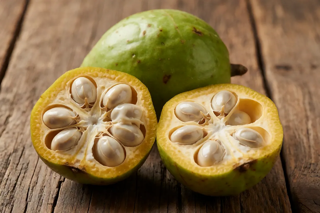 Fruta sorva inteira e cortada ao meio mostrando polpa cremosa e sementes
