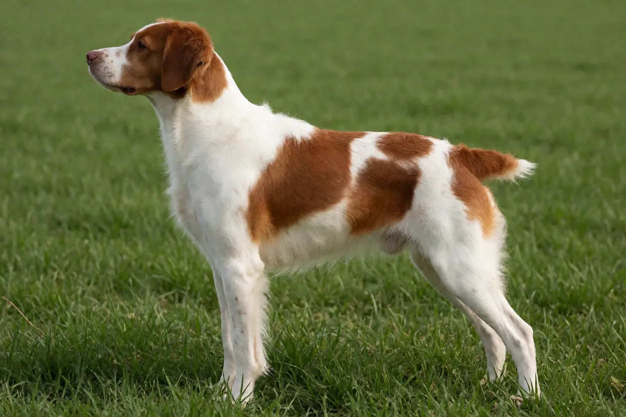 Spaniel da Bretanha laranja e branco em p&eacute;, atento, em um campo aberto
