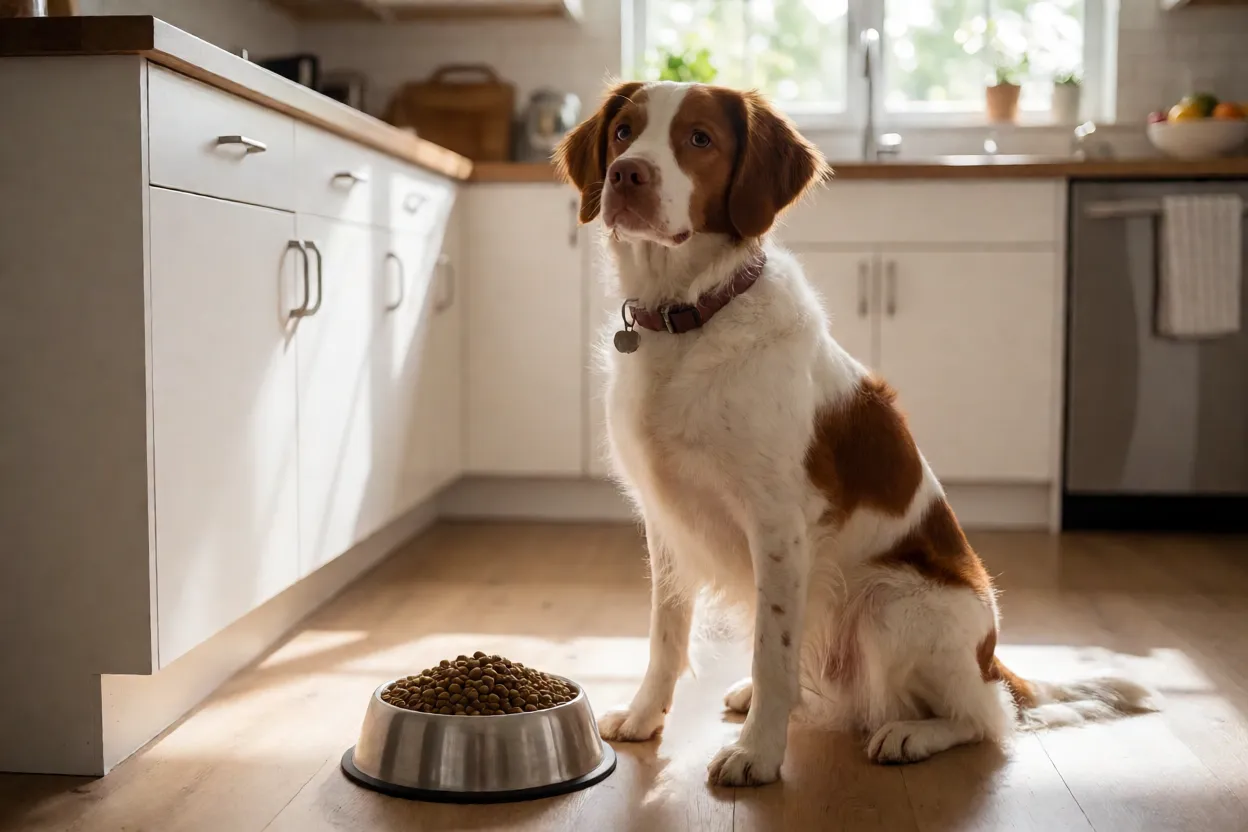 Tigela de ra&ccedil;&atilde;o ao lado de um Spaniel da Bretanha esperando a refei&ccedil;&atilde;o