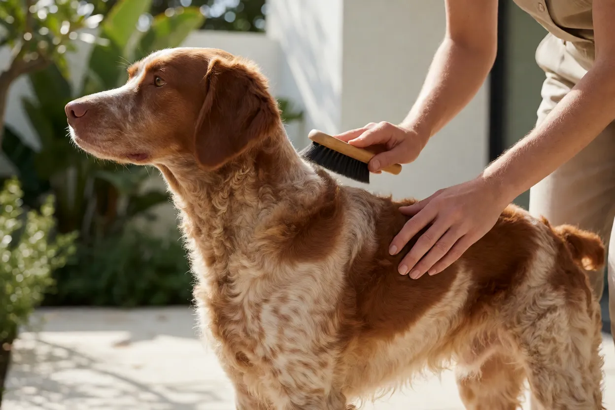 Tutor escovando a pelagem lisa de um Spaniel da Bretanha
