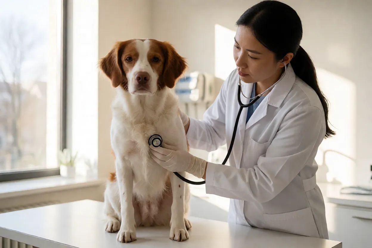 Veterin&aacute;rio examinando um Spaniel da Bretanha em consult&oacute;rio