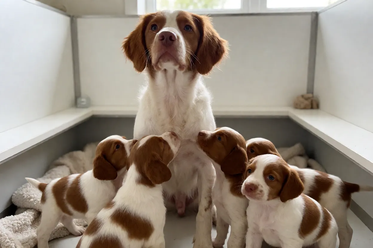 Ninhada de filhotes de Spaniel da Bretanha com a m&atilde;e